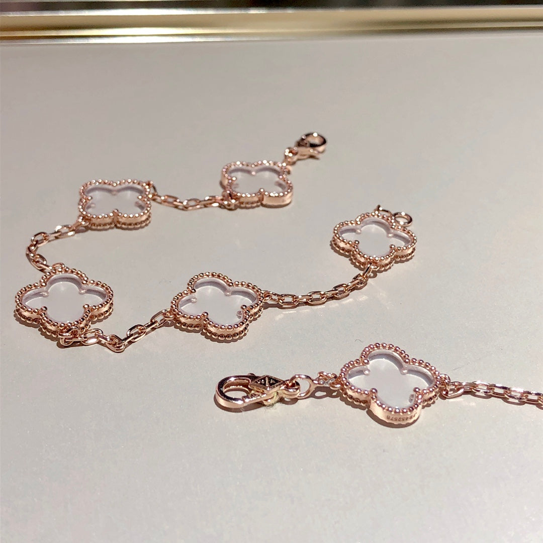 [Lumi Jewelry]CLOVER 5 MOTIF ROCK CRYSTAL PINK GOLD BRACELET