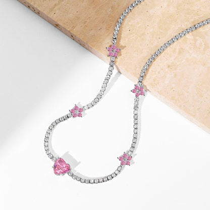 [Lumi Jewelry]Dazzling Pink Heart Flower Necklace