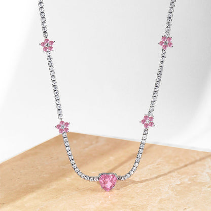 [Lumi Jewelry]Dazzling Pink Heart Flower Necklace