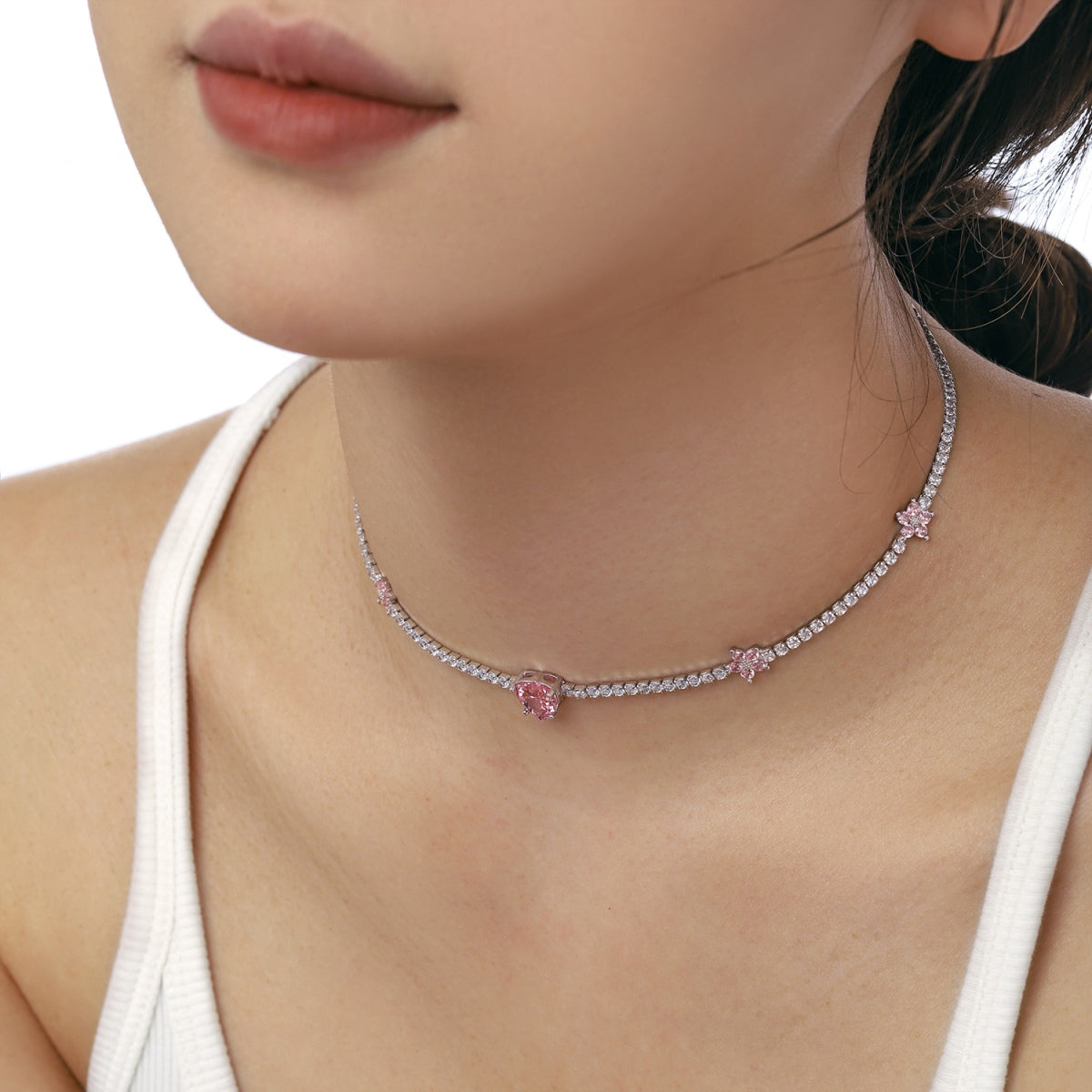 [Lumi Jewelry]Dazzling Pink Heart Flower Necklace