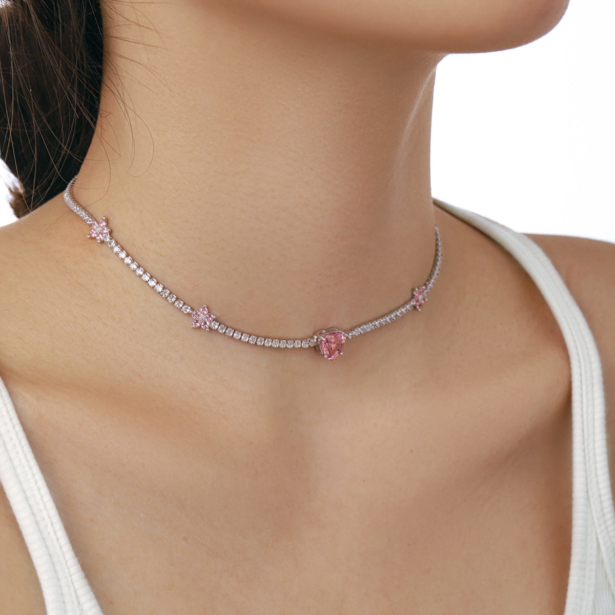 [Lumi Jewelry]Dazzling Pink Heart Flower Necklace