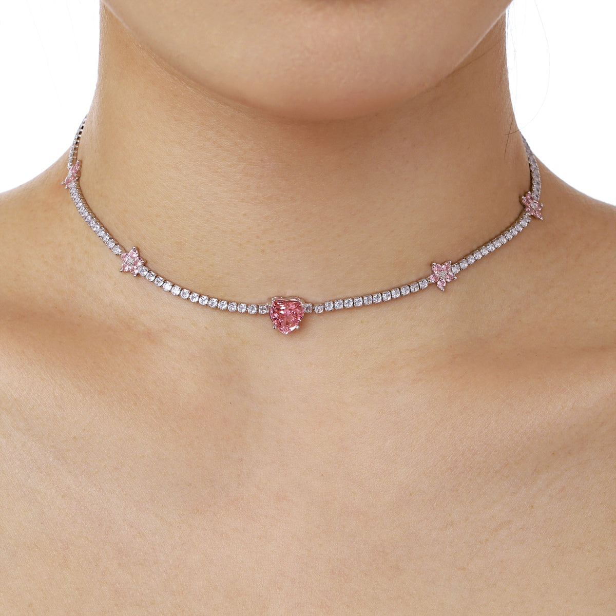 [Lumi Jewelry]Dazzling Pink Heart Flower Necklace