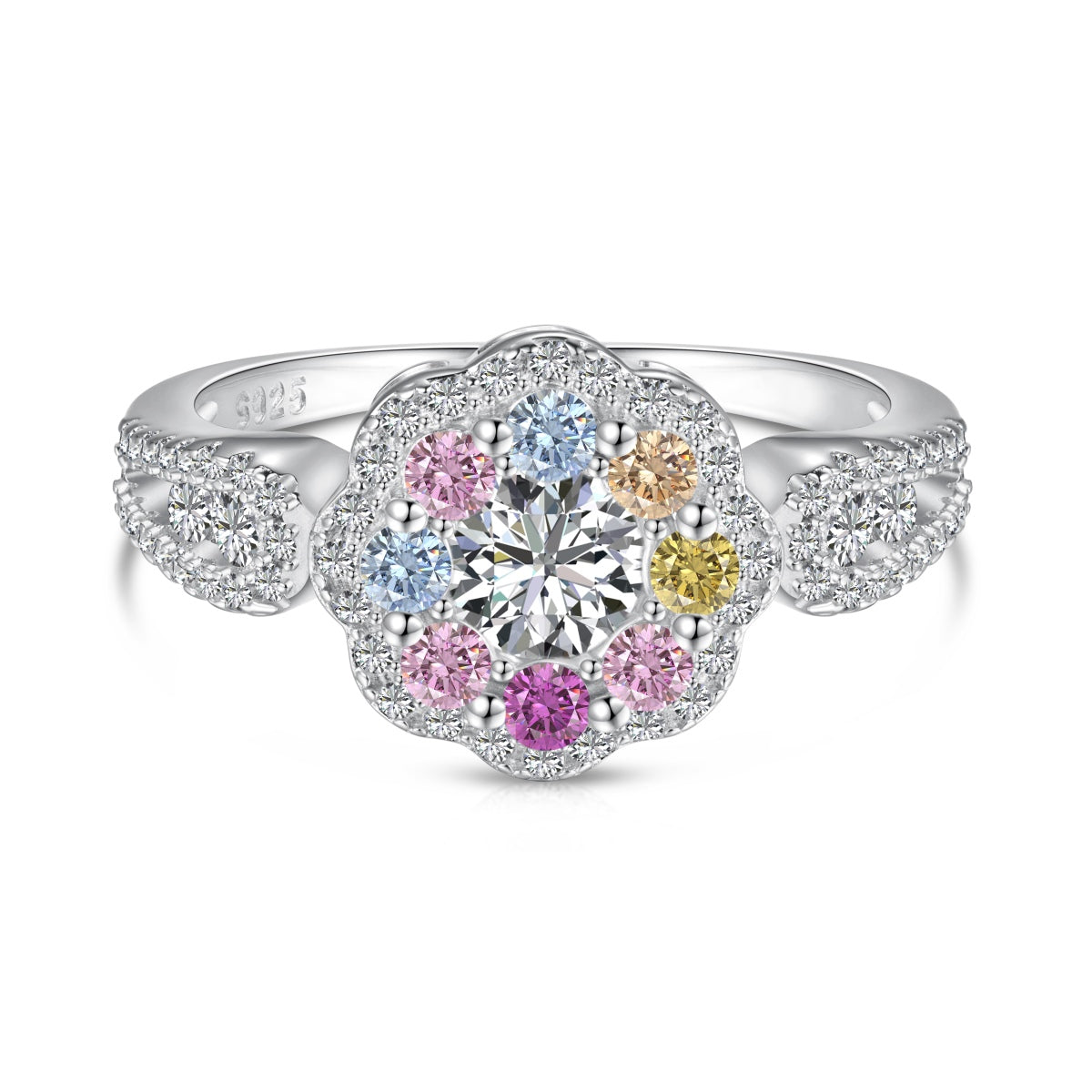 [Lumi Jewelry]Delicate Colorful Round Cut Flower Shape Wedding Ring