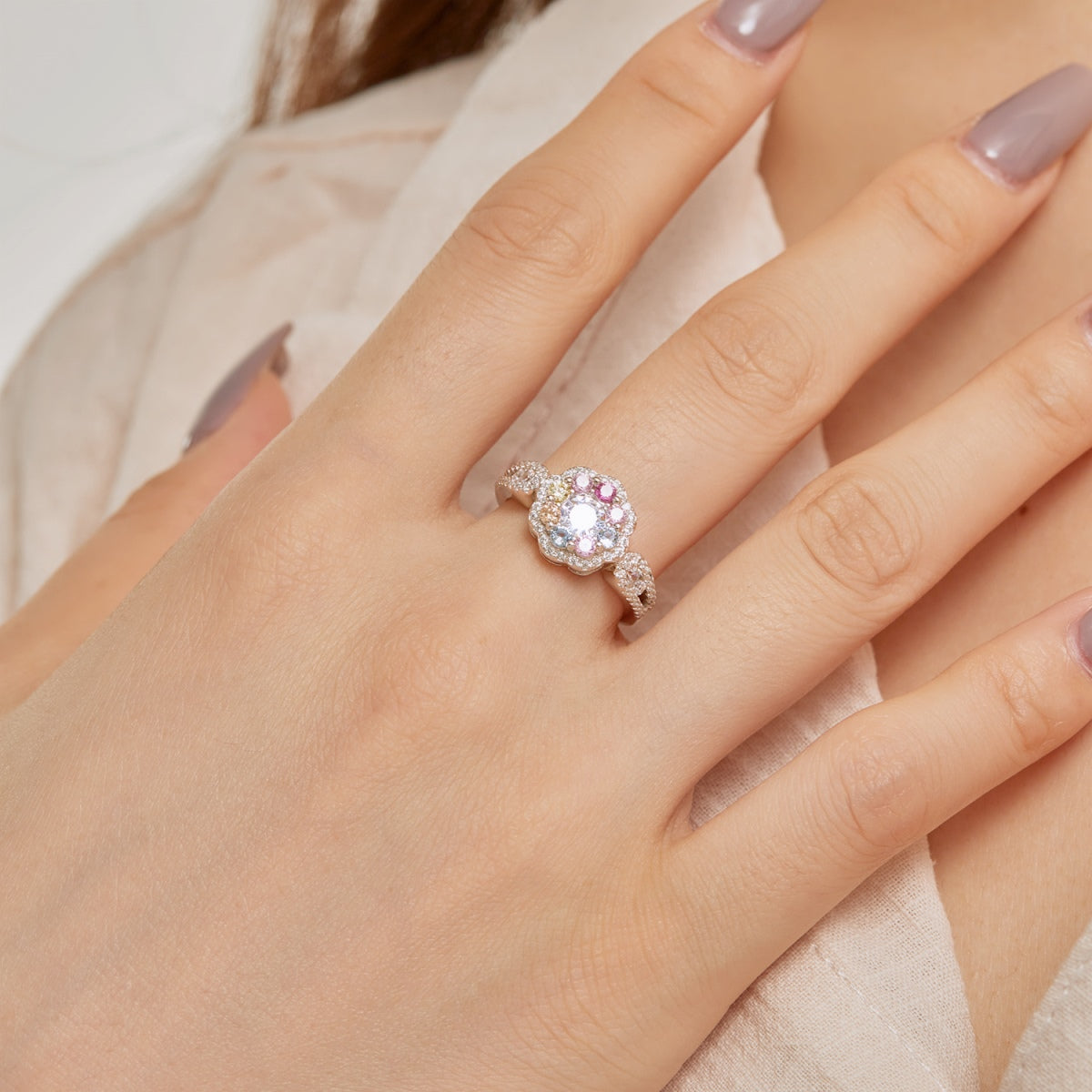 [Lumi Jewelry]Delicate Colorful Round Cut Flower Shape Wedding Ring