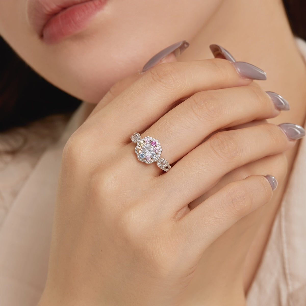 [Lumi Jewelry]Delicate Colorful Round Cut Flower Shape Wedding Ring