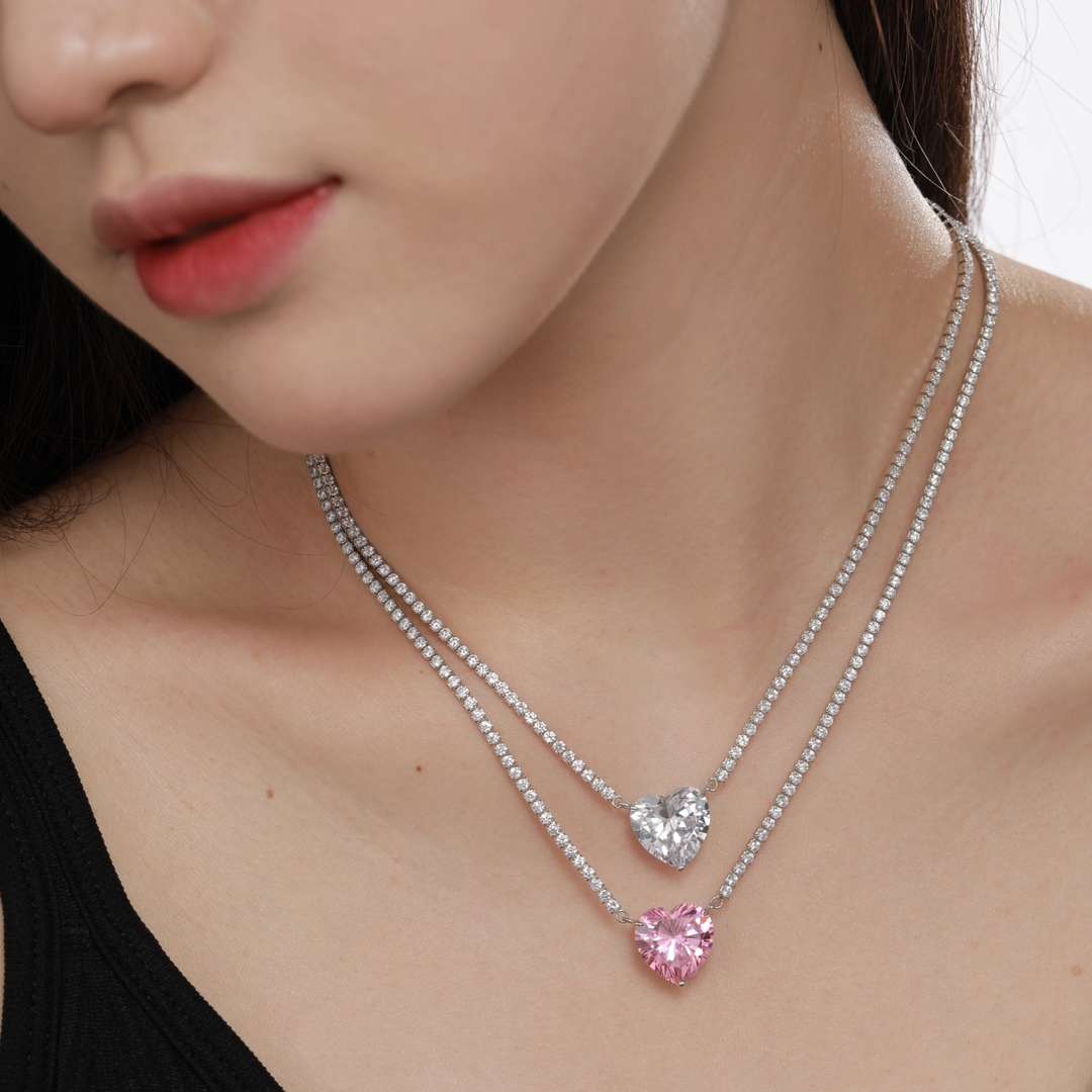 [Lumi Jewelry]8.0 Carat Versatile Colorful Sweet Heart-Shaped Tennis Necklace