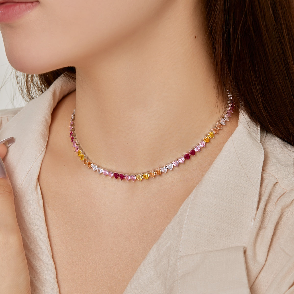 [Lumi Jewelry]Sparkling Colorful Full Heart Tennis Necklace