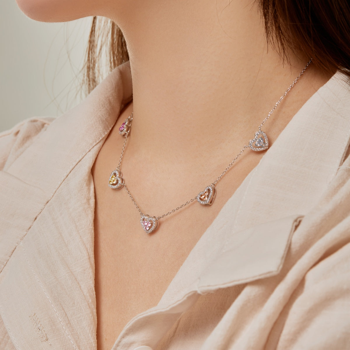 [Lumi Jewelry]Sparkling Five Heart Necklace