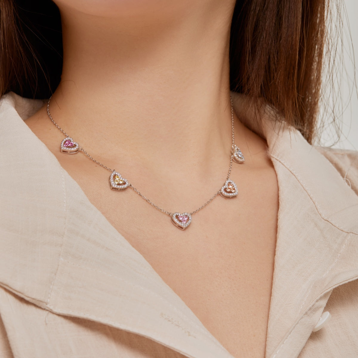 [Lumi Jewelry]Sparkling Five Heart Necklace
