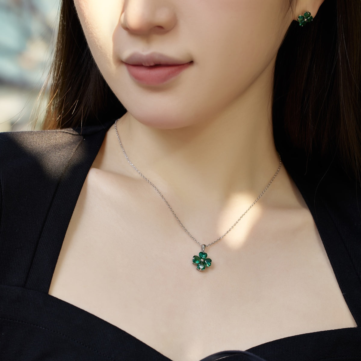 [Lumi Jewelry]Heart-Shaped Four-Leaf Clover Bead Necklace