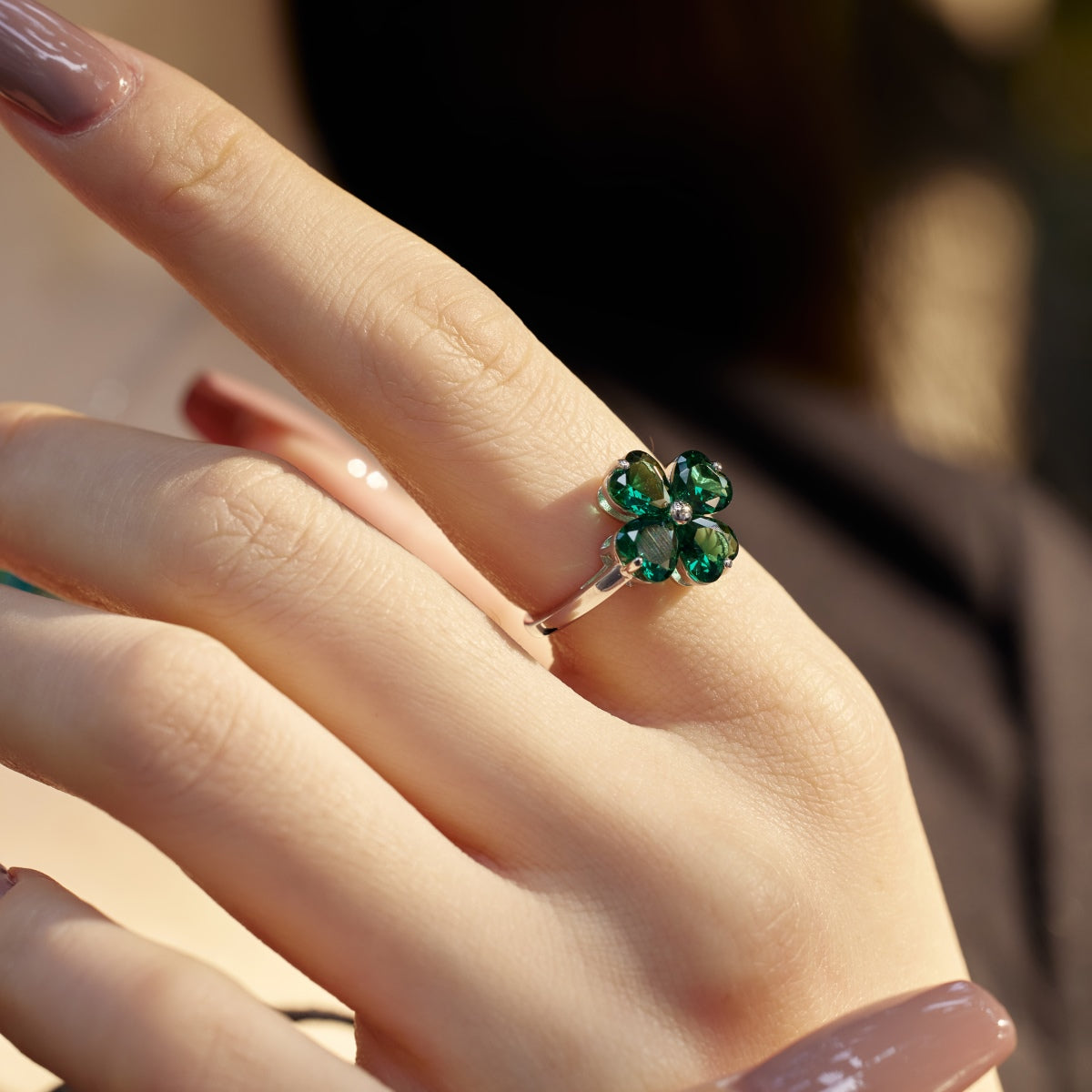 [Lumi Jewelry]Heart-shaped Four-Leaf Clover Ball Ring