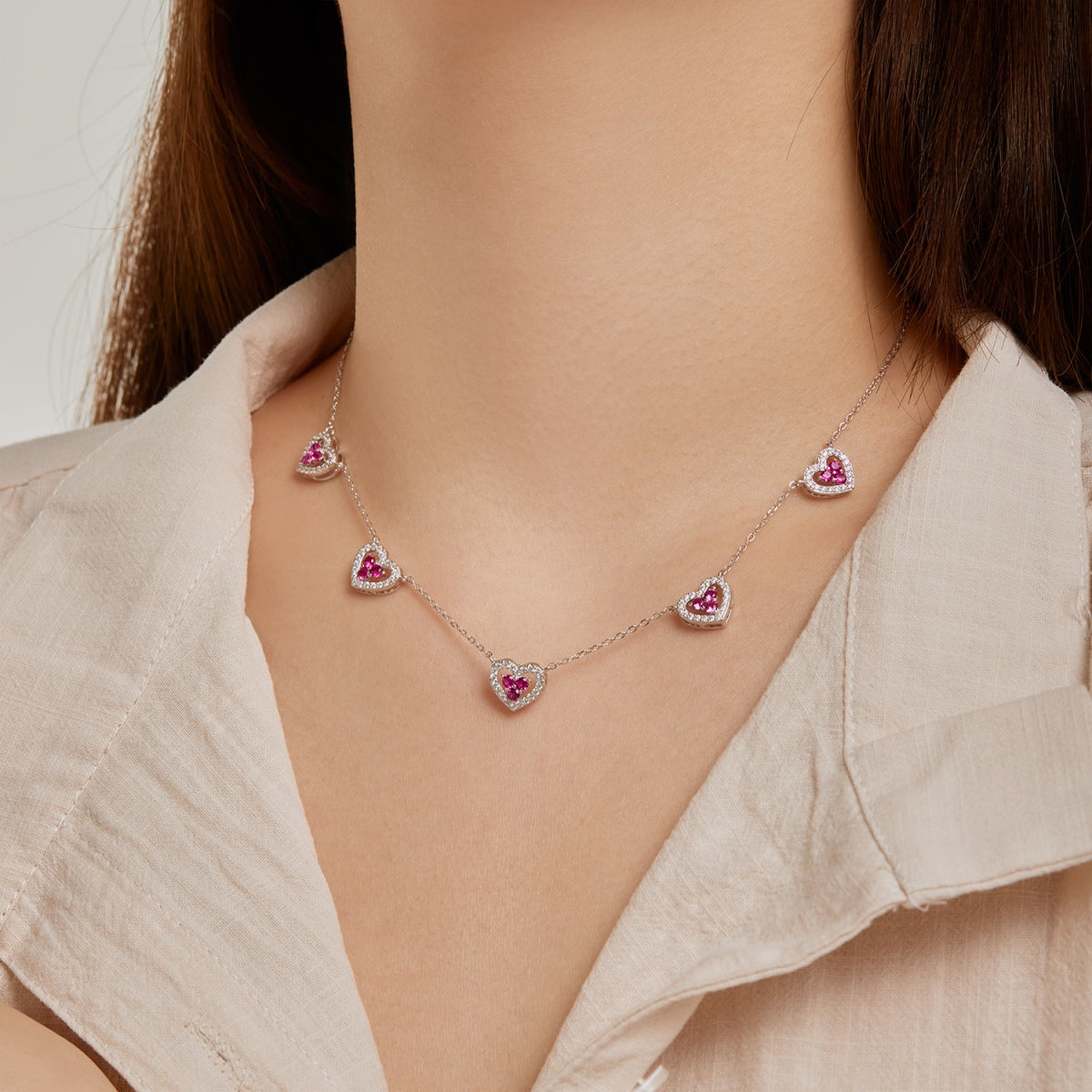 [Lumi Jewelry]Sparkling Five Heart Necklace