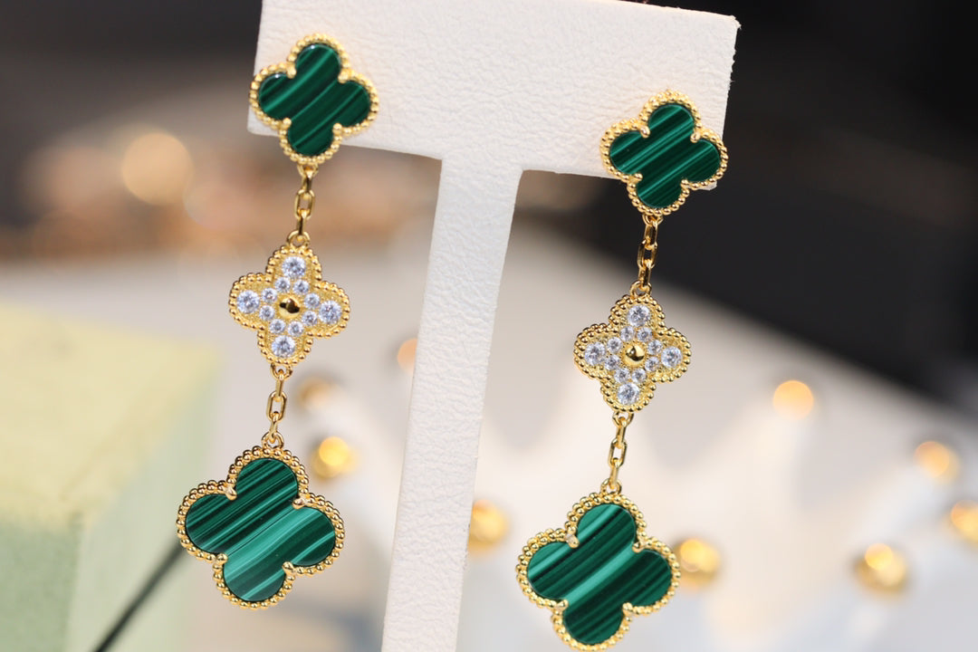 [Lumi Jewelry]CLOVER EARRINGS GOLD MALACHITE DIAMOND 3 MOTIF