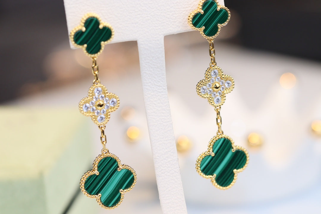[Lumi Jewelry]CLOVER EARRINGS GOLD MALACHITE DIAMOND 3 MOTIF
