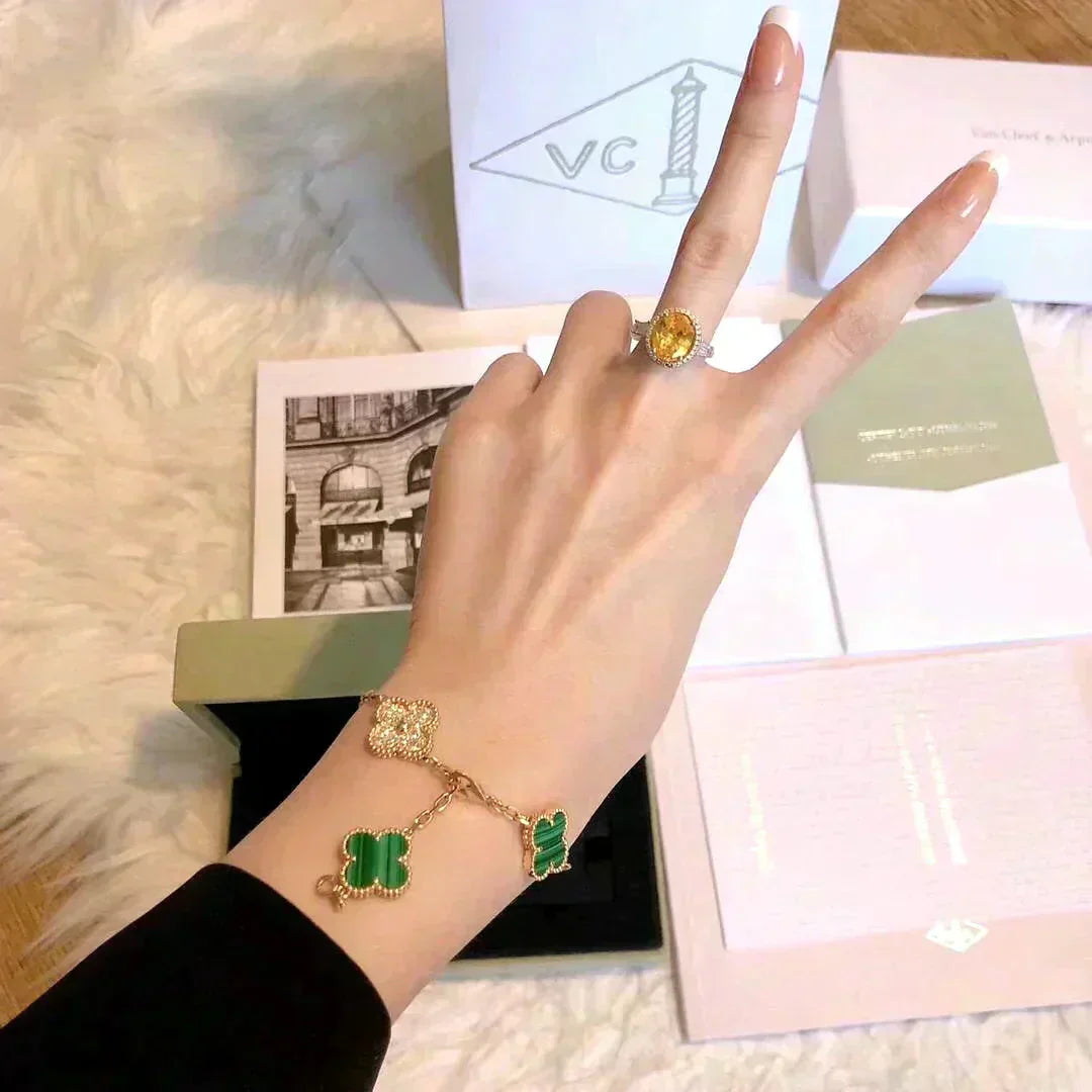 [Lumi Jewelry]CLOVER  5 MOTIF MALACHITE DIAMOND BRACELET