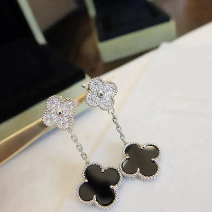 [Lumi Jewelry]CLOVER 2 MOTIFS  DIAMOND ONYX EARRINGS SILVER