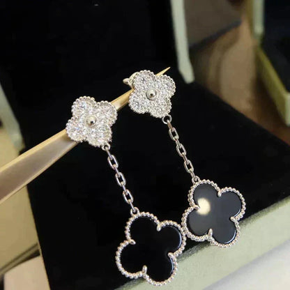 [Lumi Jewelry]CLOVER 2 MOTIFS  DIAMOND ONYX EARRINGS SILVER