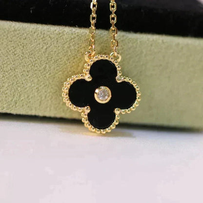 [Lumi Jewelry]CLOVER 15MM DIAMOND ONYX NECKLACE