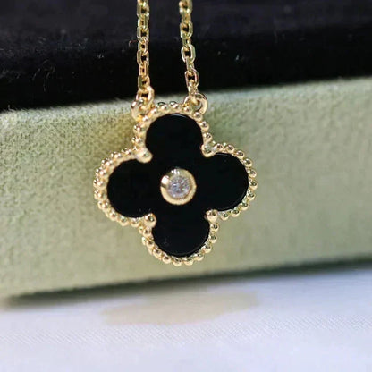 [Lumi Jewelry]CLOVER 15MM DIAMOND ONYX NECKLACE