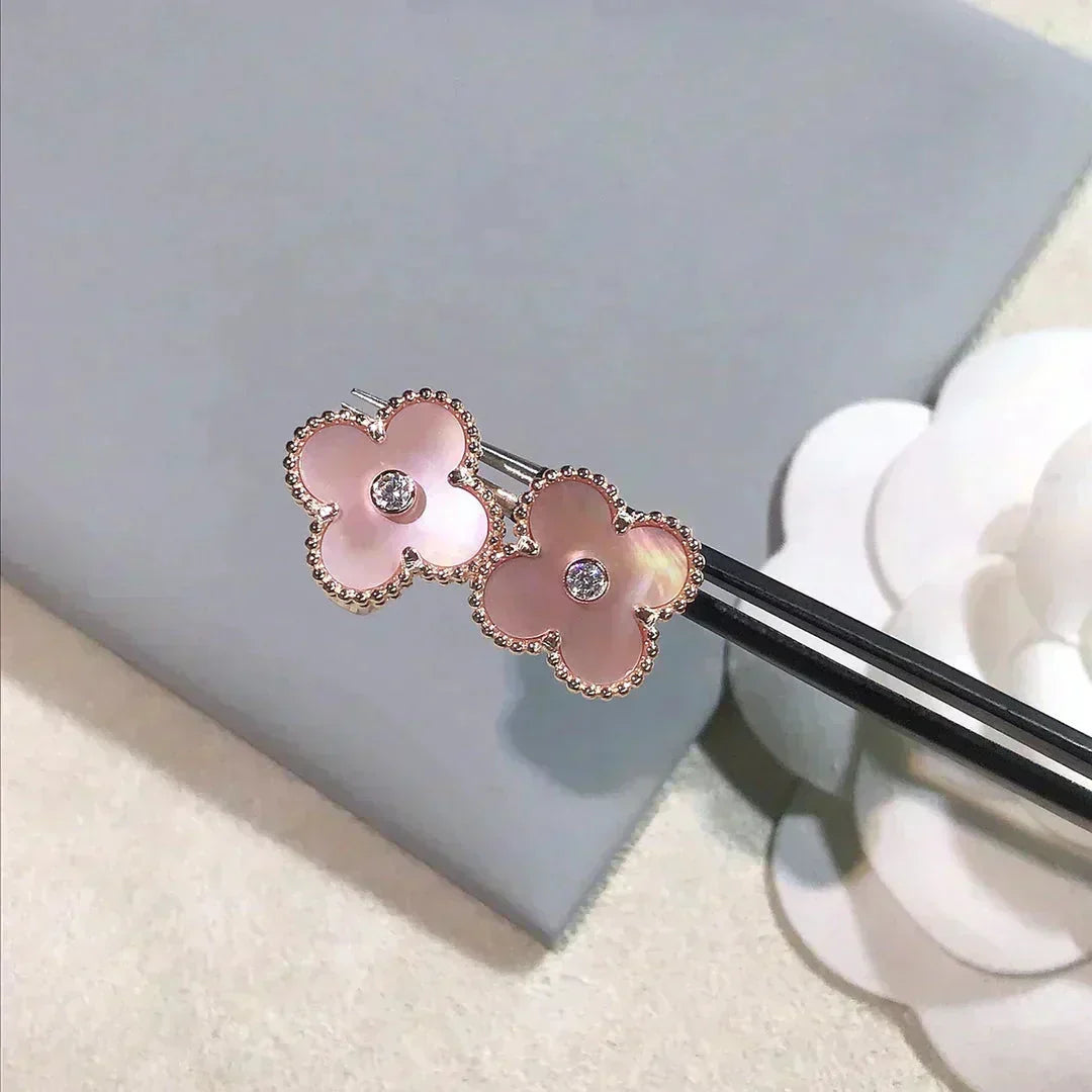 [Lumi Jewelry]CLOVER MEDIUM 1 MOTIFS  PINK MOP DIAMOND EARRINGS
