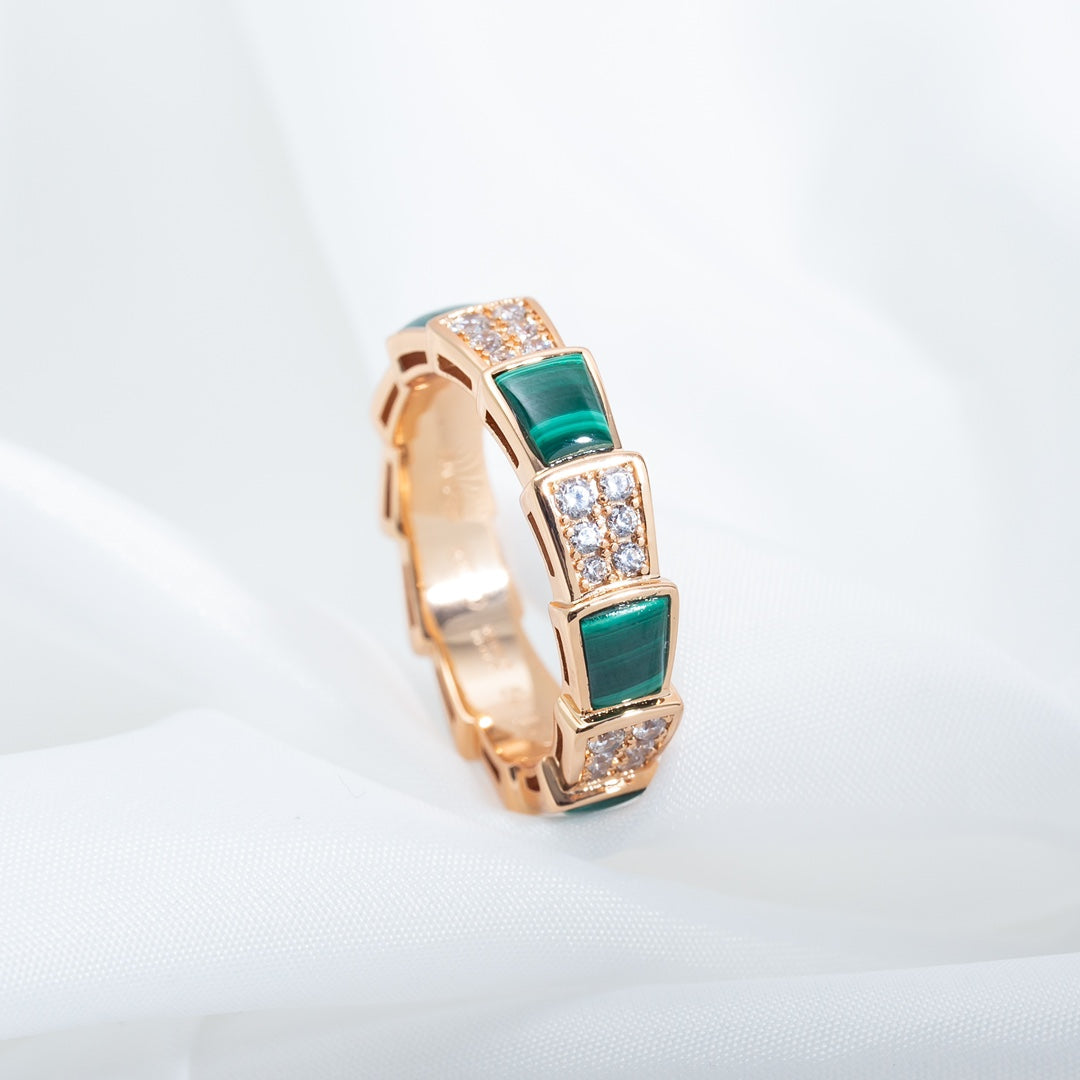 [Lumi Jewelry]SERPENTI RING PINK GOLD MALACHITE DIAMOND PAVED 4MM