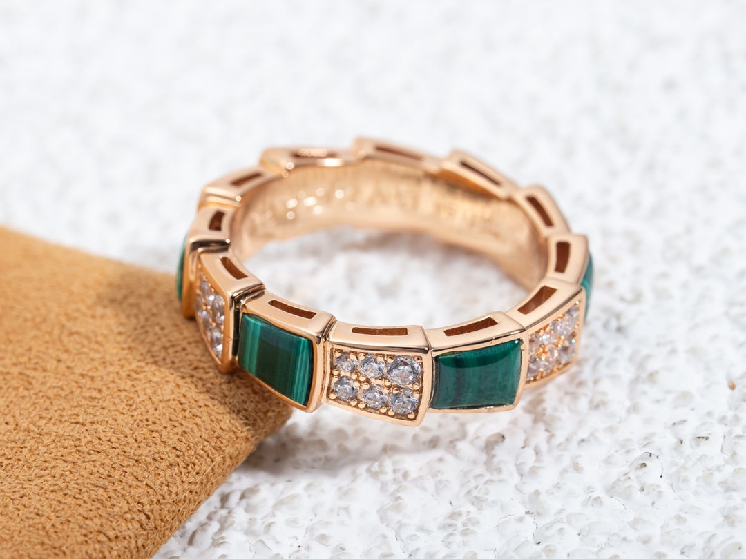 [Lumi Jewelry]SERPENTI RING PINK GOLD MALACHITE DIAMOND PAVED 4MM