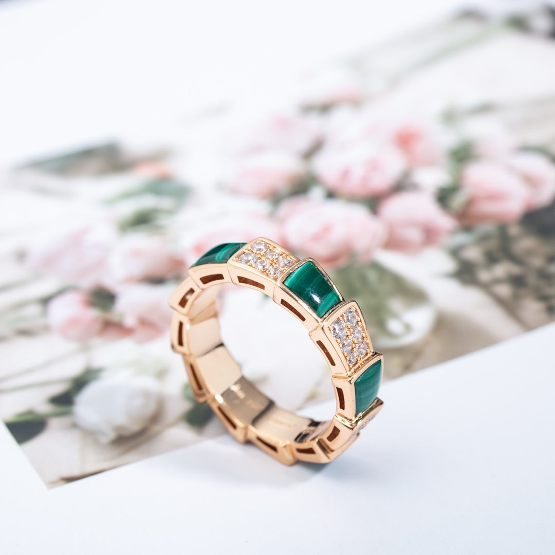 [Lumi Jewelry]SERPENTI RING PINK GOLD MALACHITE DIAMOND PAVED 4MM
