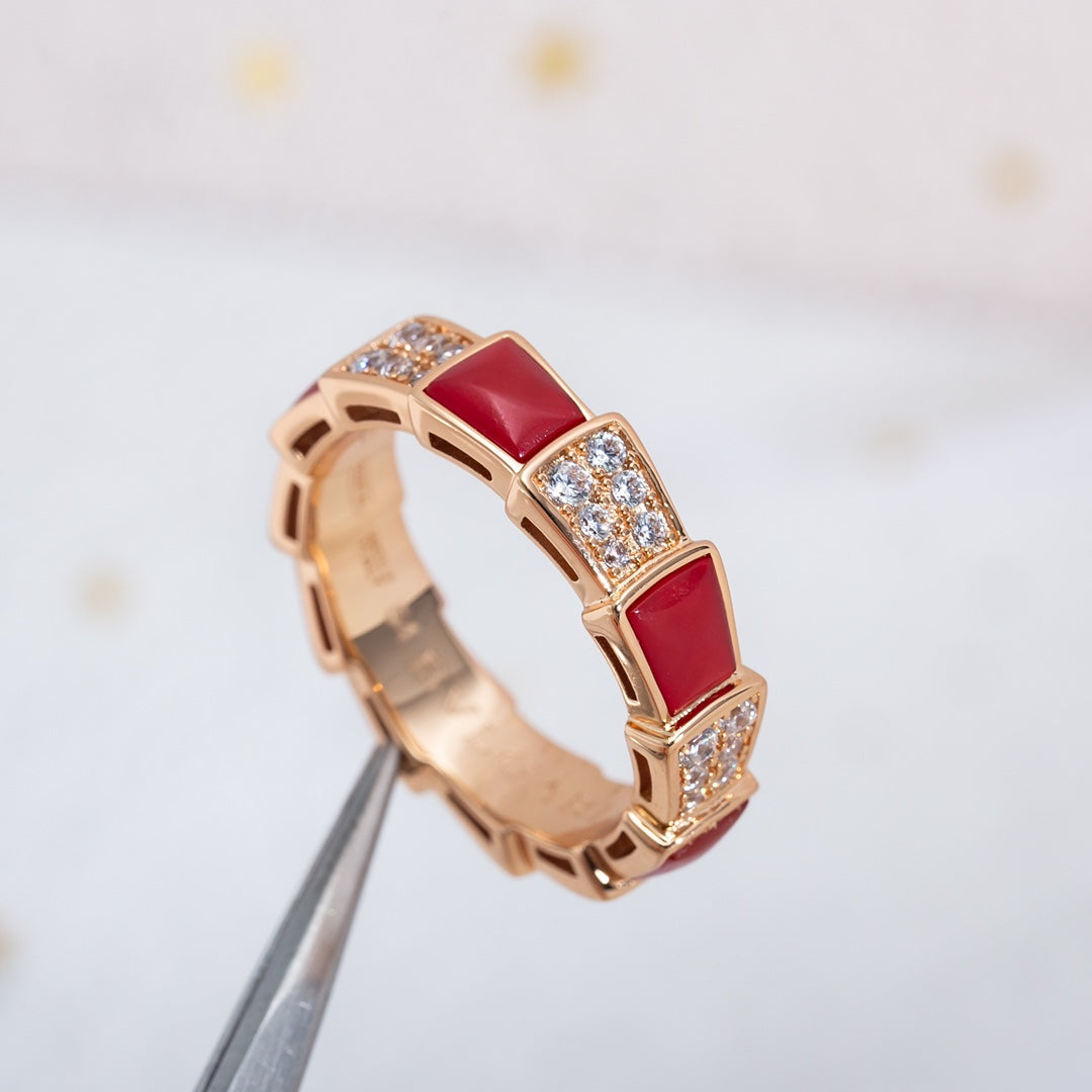 [Lumi Jewelry]SERPENTI RING PINK GOLD CARNELIAN DIAMOND PAVED 4MM