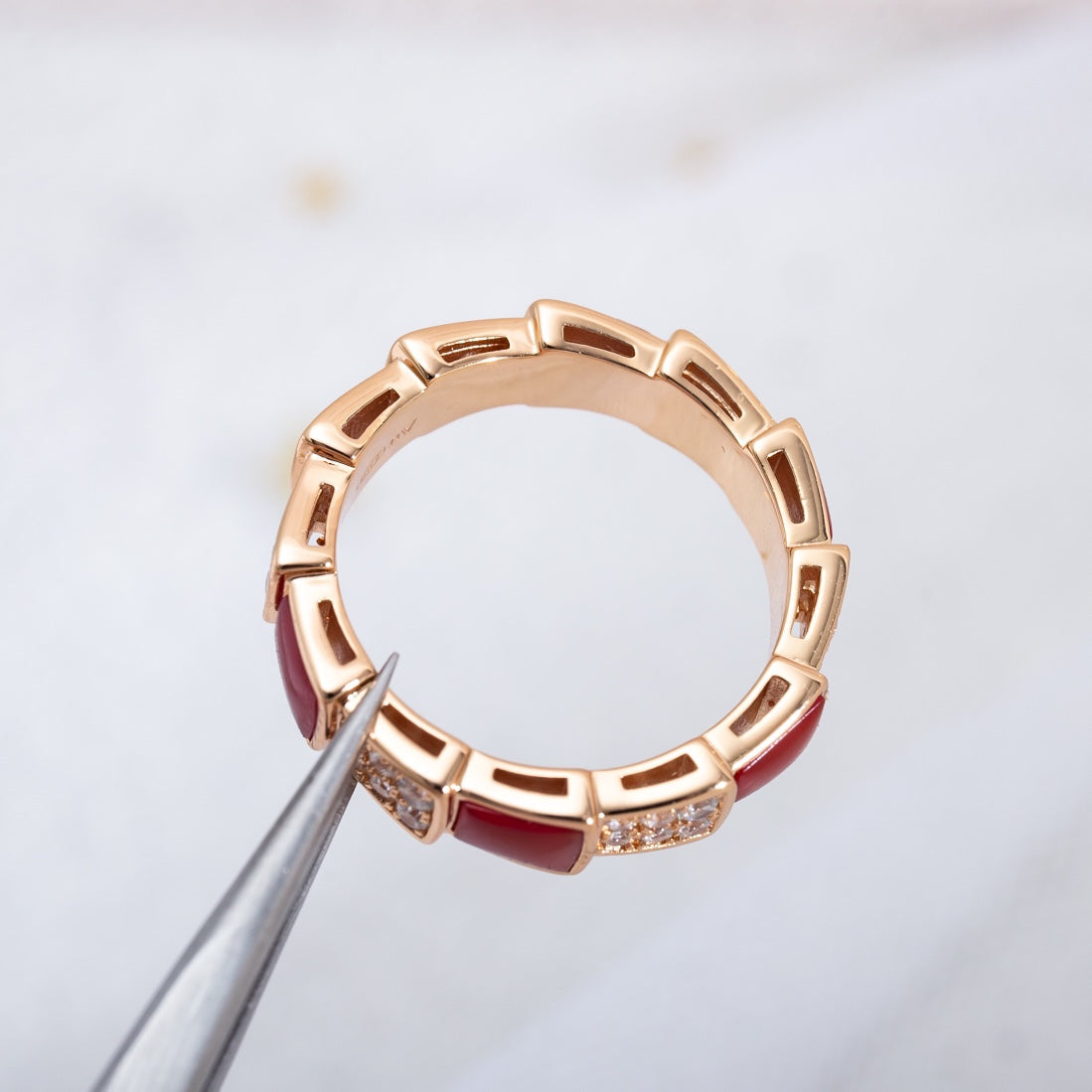 [Lumi Jewelry]SERPENTI RING PINK GOLD CARNELIAN DIAMOND PAVED 4MM