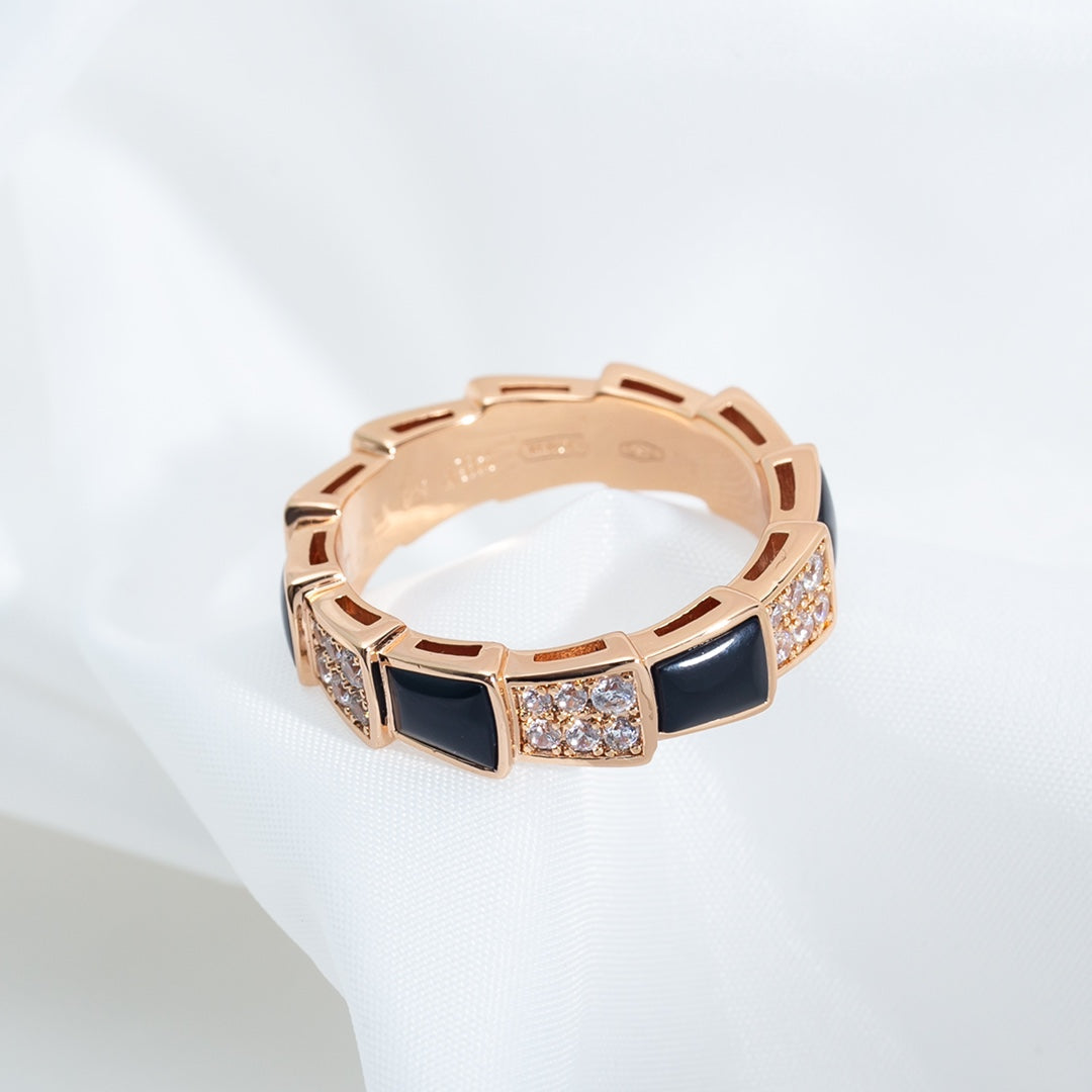 [Lumi Jewelry]SERPENTI RING PINK GOLD BLACK MOP DIAMOND PAVED 4MM