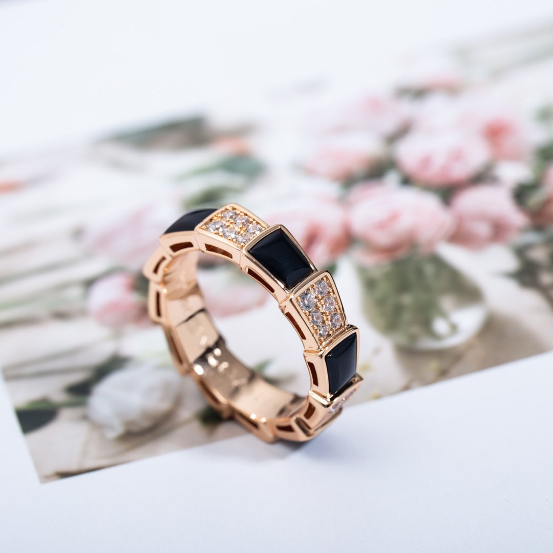 [Lumi Jewelry]SERPENTI RING PINK GOLD BLACK MOP DIAMOND PAVED 4MM