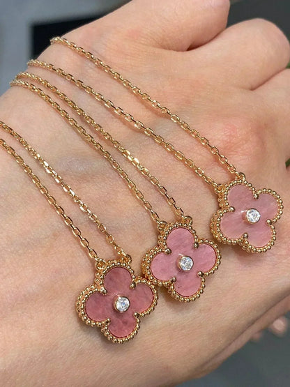 [Lumi Jewelry]CLOVER 15MM DIAMOND RHODONITE NECKLACE