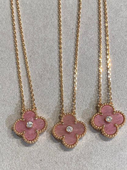 [Lumi Jewelry]CLOVER 15MM DIAMOND RHODONITE NECKLACE