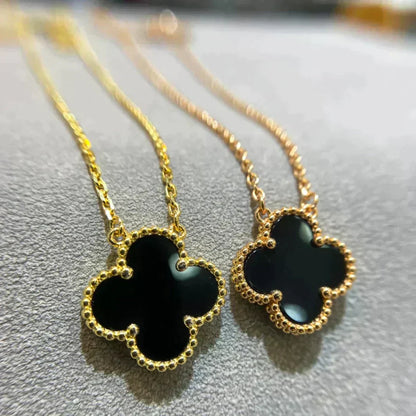 [Lumi Jewelry]CLOVER 15MM BLACK ONYX SINGLE FLOWER NECKLACE