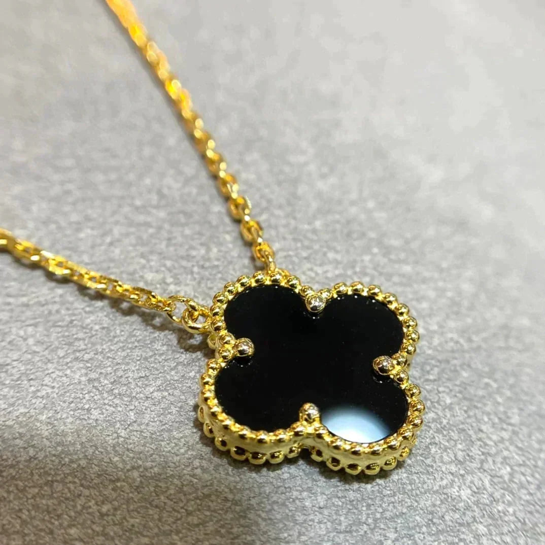 [Lumi Jewelry]CLOVER 15MM BLACK ONYX SINGLE FLOWER NECKLACE