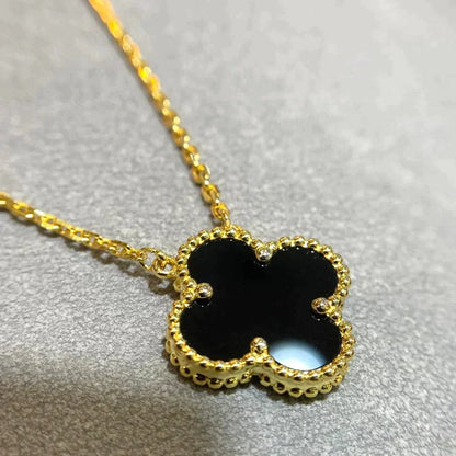[Lumi Jewelry]CLOVER 15MM BLACK ONYX SINGLE FLOWER NECKLACE