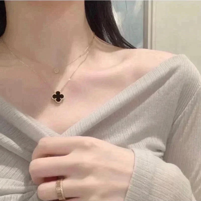 [Lumi Jewelry]CLOVER 15MM BLACK ONYX SINGLE FLOWER NECKLACE