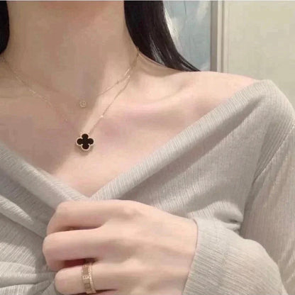 [Lumi Jewelry]CLOVER 15MM BLACK ONYX SINGLE FLOWER NECKLACE