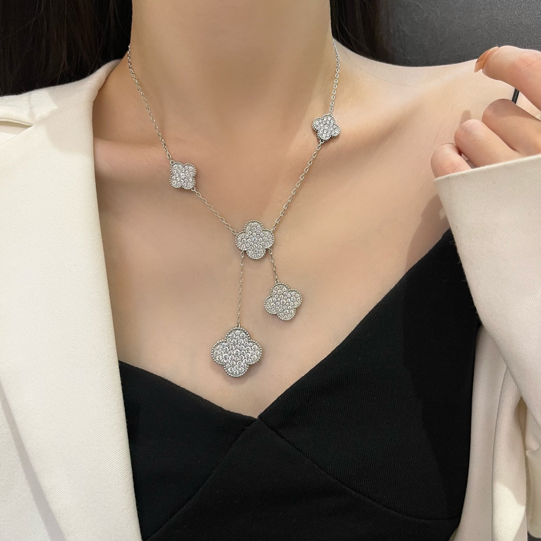 [Lumi Jewelry]CLOVER 5 MOTIFS SILVER DIAMONDS NECKLACE