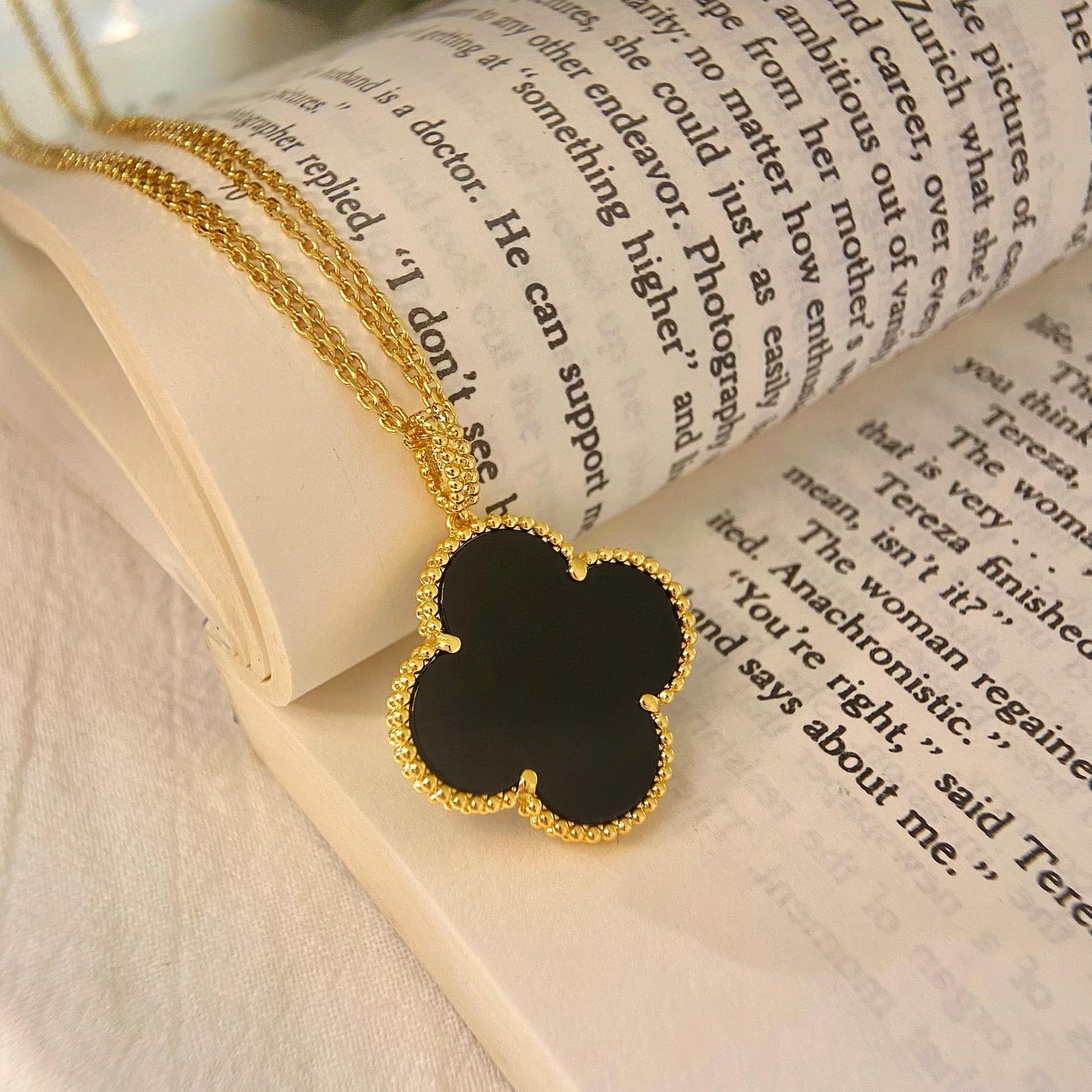 [Lumi Jewelry]CLOVER 25MM NECKLACE GOLD ONYX