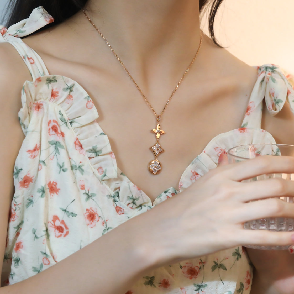 [Lumi Jewelry]STAR AND SUN DIAMOND PINK GOLD NECKLACE