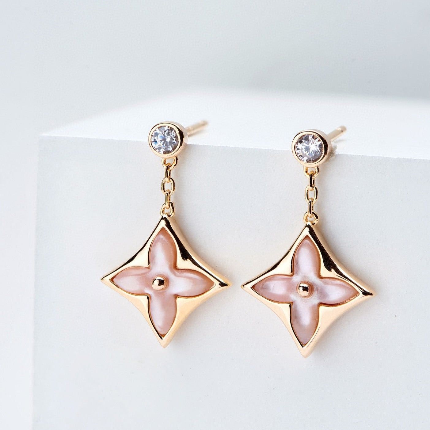 [Lumi Jewelry]DOUBLE STAR PINK GOLD MOP DROP EARRINGS
