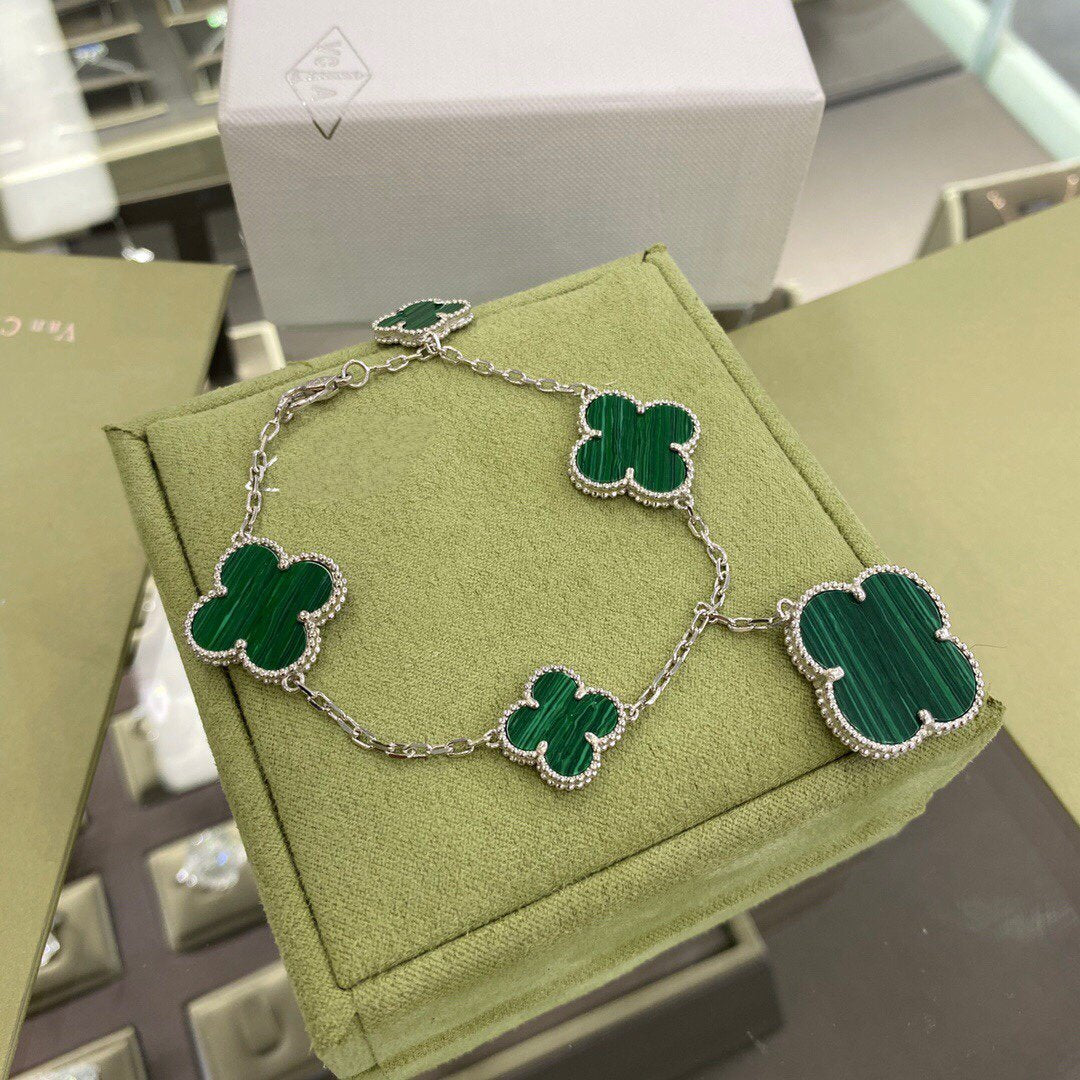 [Lumi Jewelry]CLOVER 5 MOTIFS SIVLER MALACHITE BRACELET