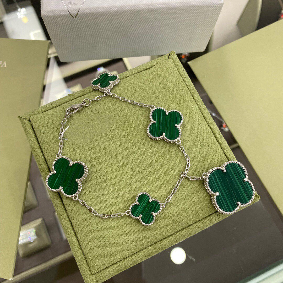 [Lumi Jewelry]CLOVER 5 MOTIFS SIVLER MALACHITE BRACELET