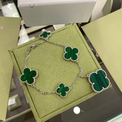 [Lumi Jewelry]CLOVER 5 MOTIFS SIVLER MALACHITE BRACELET