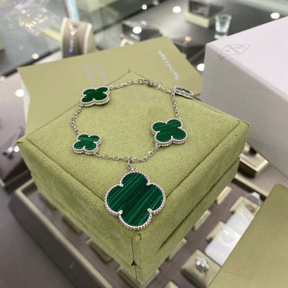 [Lumi Jewelry]CLOVER 5 MOTIFS SIVLER MALACHITE BRACELET