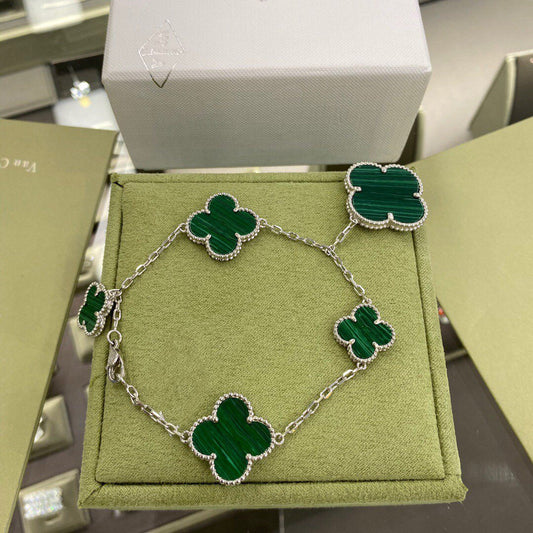 [Lumi Jewelry]CLOVER 5 MOTIFS SIVLER MALACHITE BRACELET