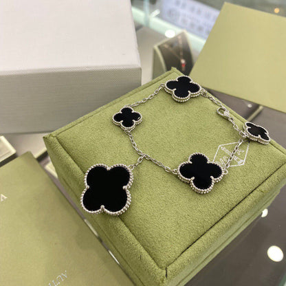 [Lumi Jewelry]CLOVER 5 MOTIFS SIVLER ONYX BRACELET