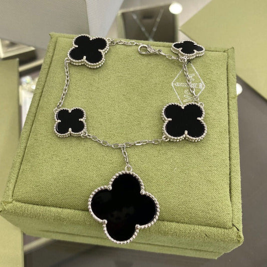 [Lumi Jewelry]CLOVER 5 MOTIFS SIVLER ONYX BRACELET