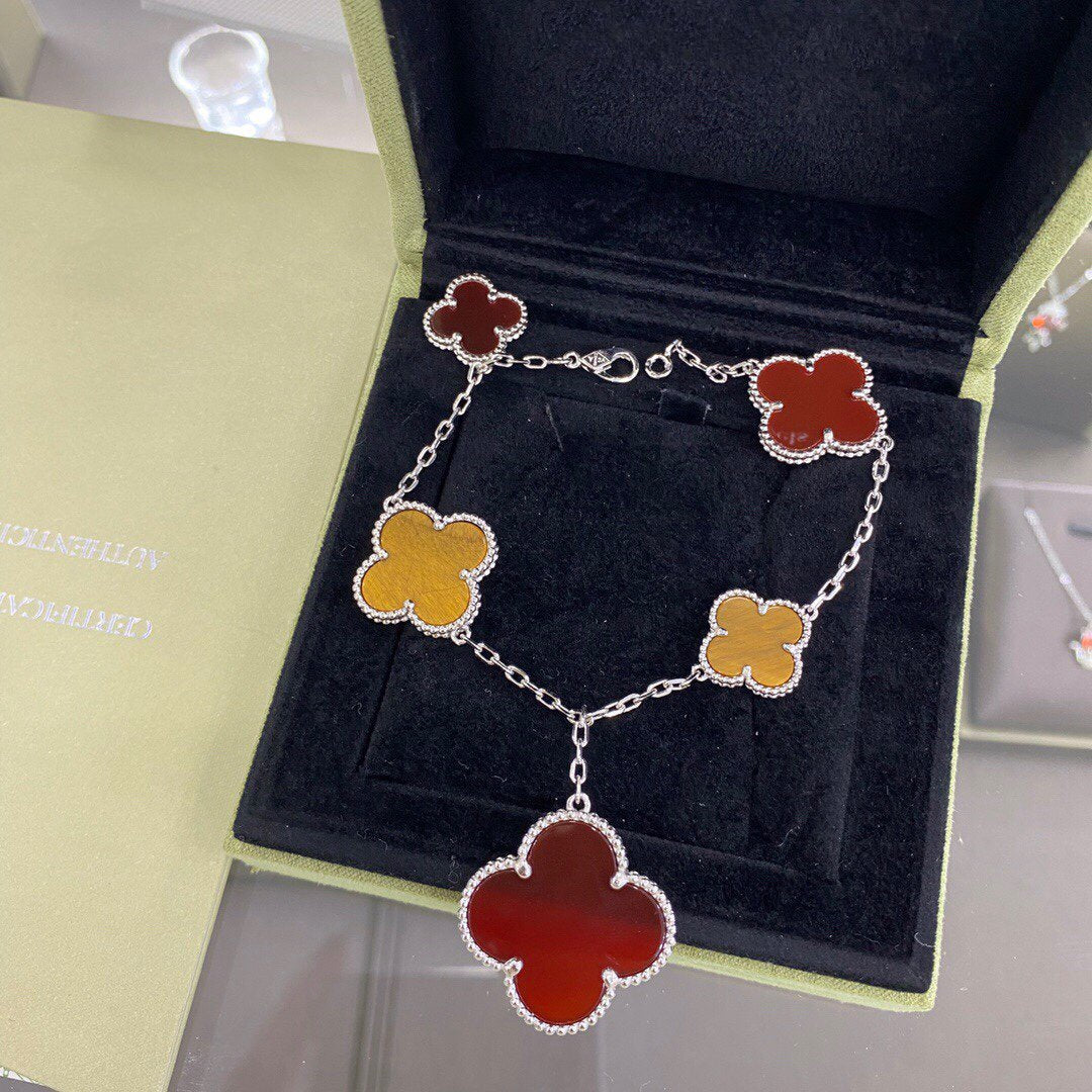 [Lumi Jewelry]CLOVER 5 MOTIFS SIVLER CARNELIAN TIGER EYE BRACELET